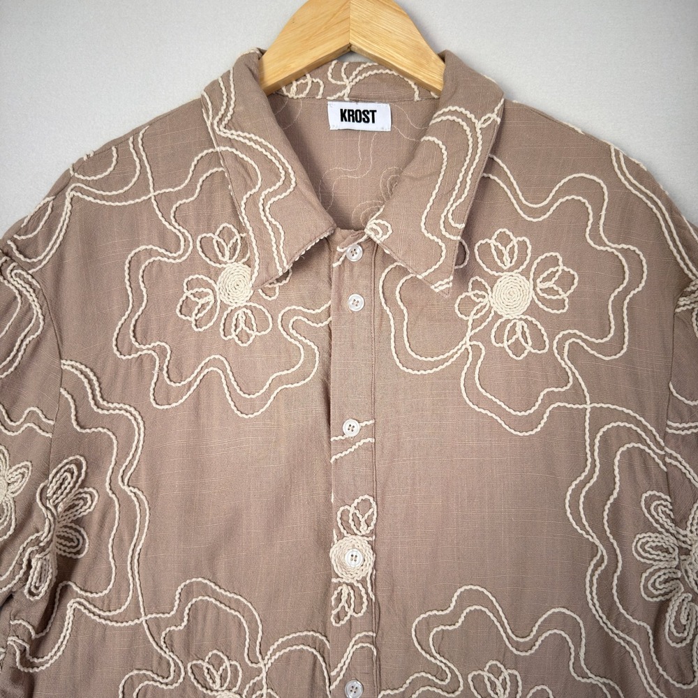KROST Havana Floral Embroidered Shirt Linen Blend Short Sleeve Button Up Mens XL - Picture 3 of 10